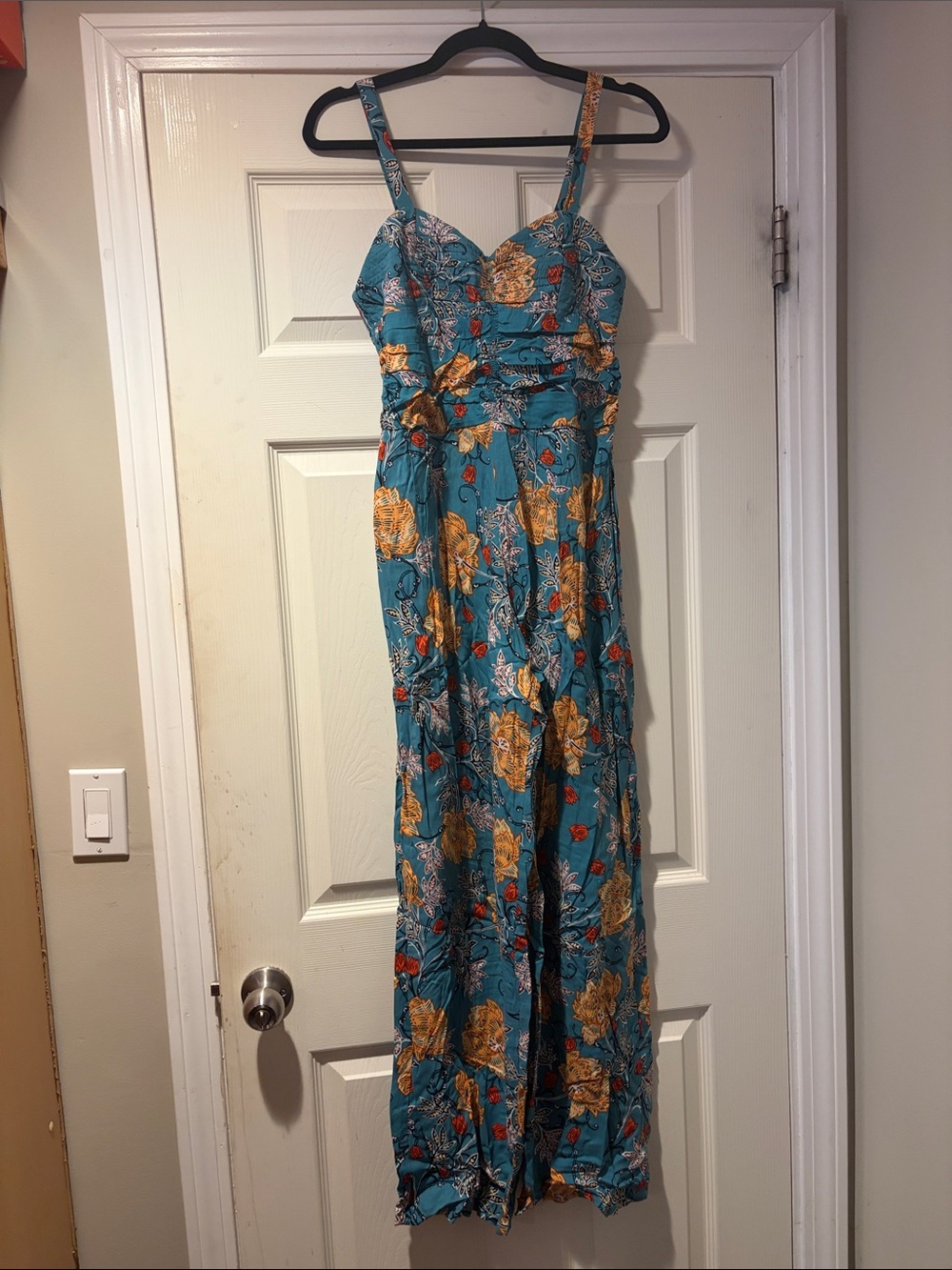 Wide Leg Floral Jumpsuit in Teal with Gold Blooms S